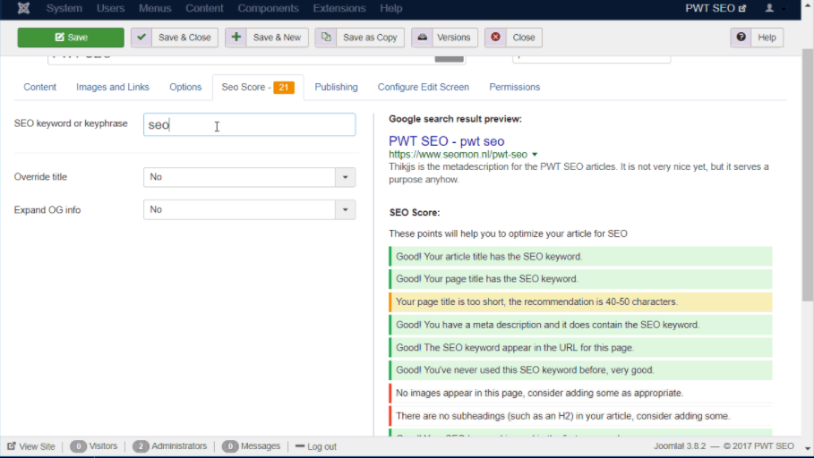 Perfect Web Team - PWT SEO extensie screenshot